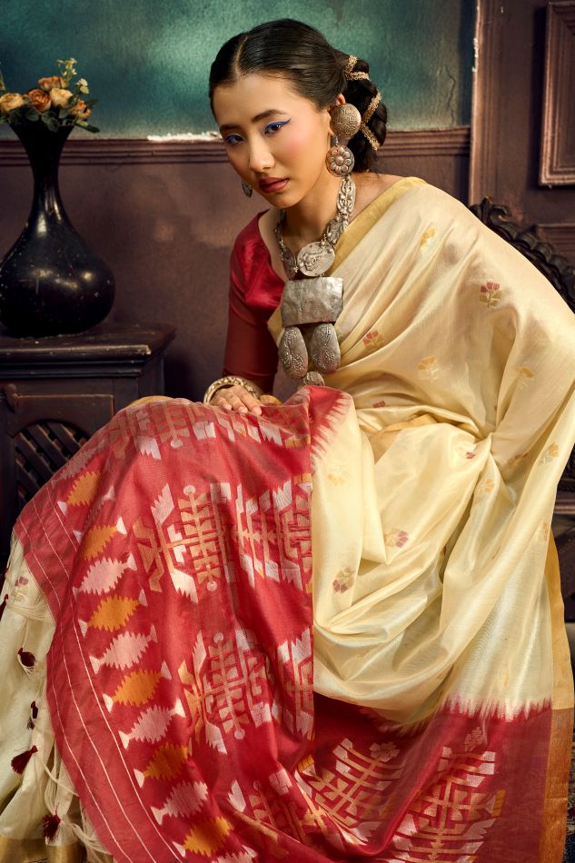 Evara Tussar Silk Ready To Wear Pocket Saree | Cream