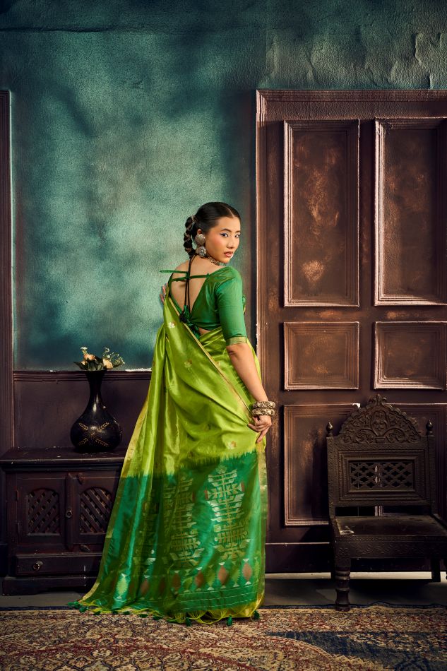 Evara Tussar Silk Ready To Wear Pocket Saree | Green