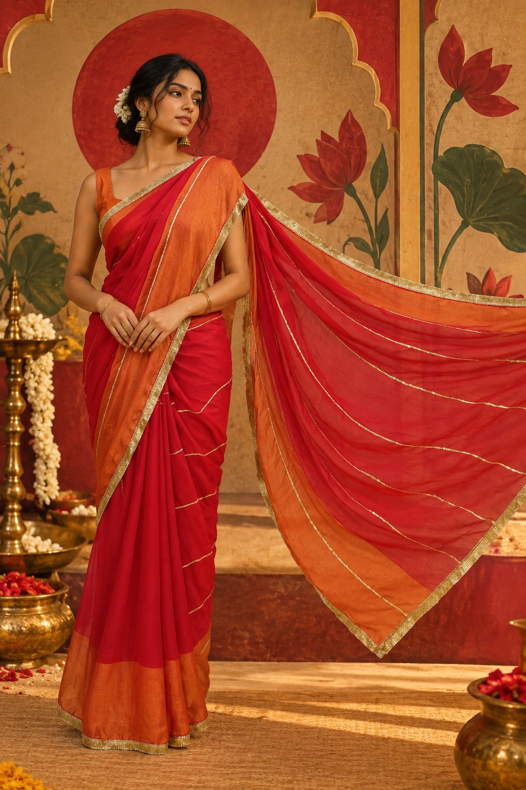 Full-length shot of a model in a vibrant red and orange chiffon ready-to-wear pocket saree, showcasing pre-stitched pleats, slanting metallic gold lines, and a contrasting orange panel border.