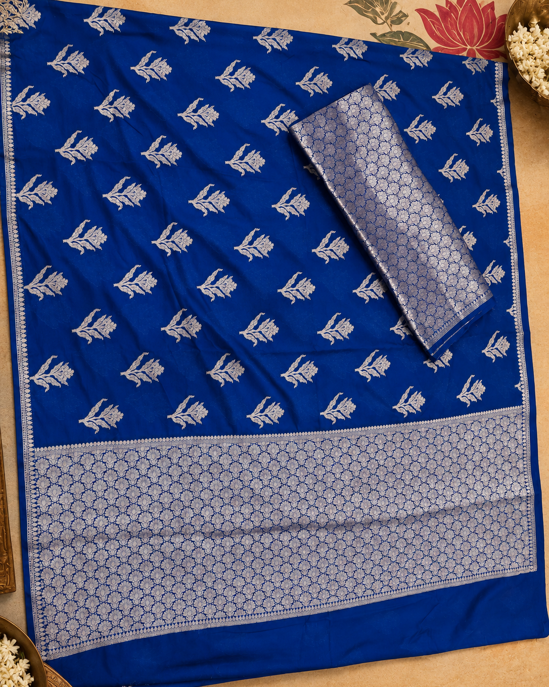 Flat lay shot of the Royal-blue Banarasi Katan Silk saree with leafy motifs and a broad pallu featuring an intricate floral lattice design.
