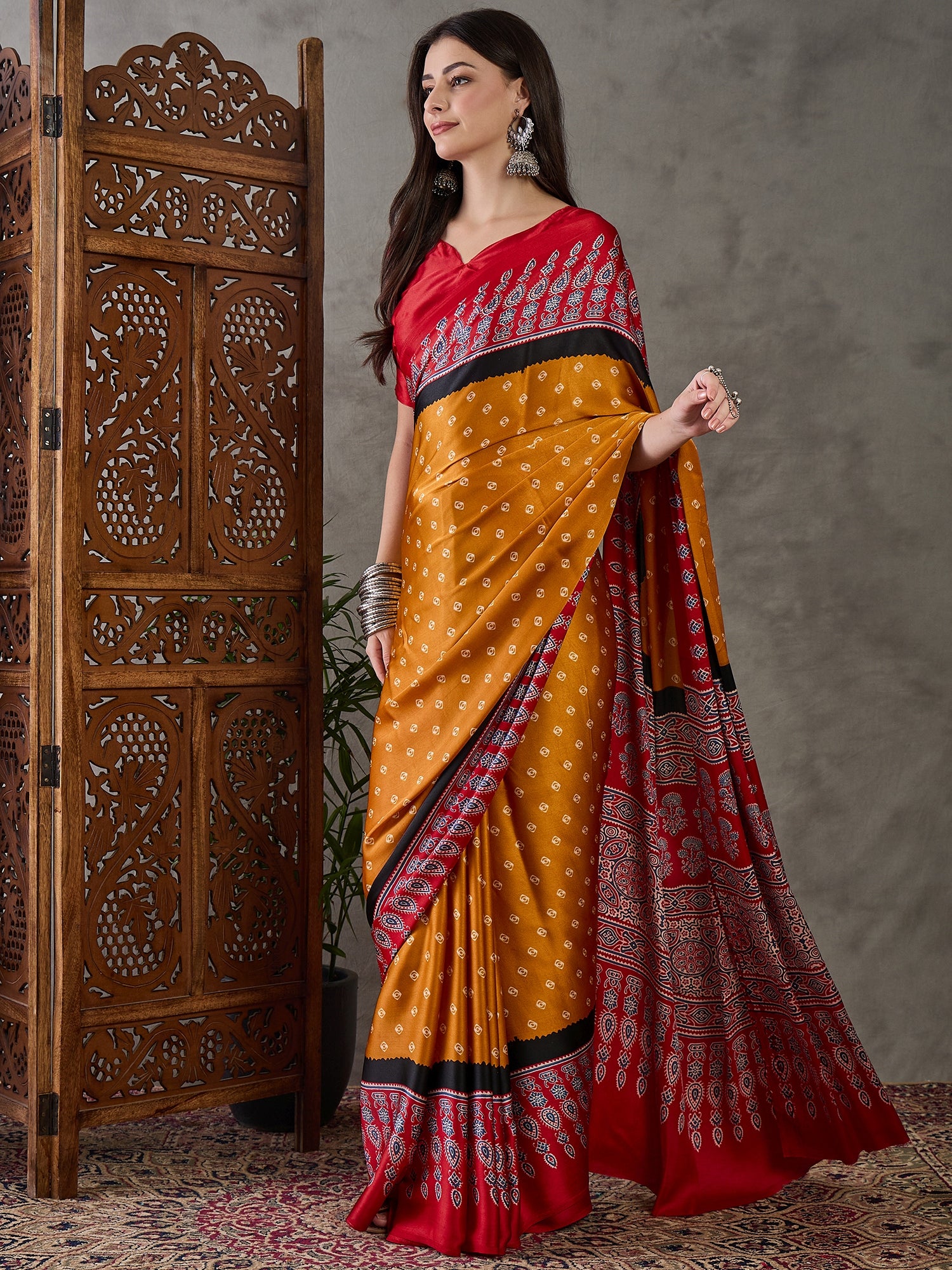 Modal Ajrakh Print (Yellow) Ready To Wear Pocket Saree