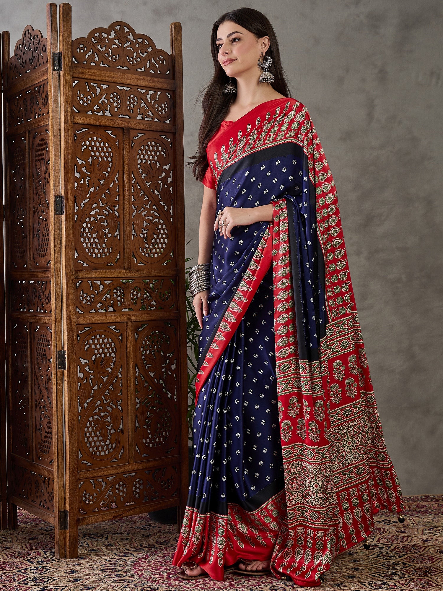 Modal Ajrakh Print (Blue) Ready To Wear Pocket Saree