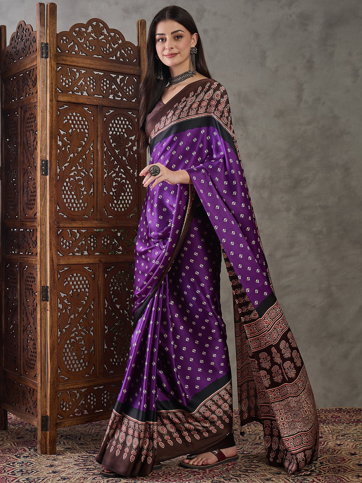 Modal Ajrakh Print (Brown) Ready To Wear Pocket Saree