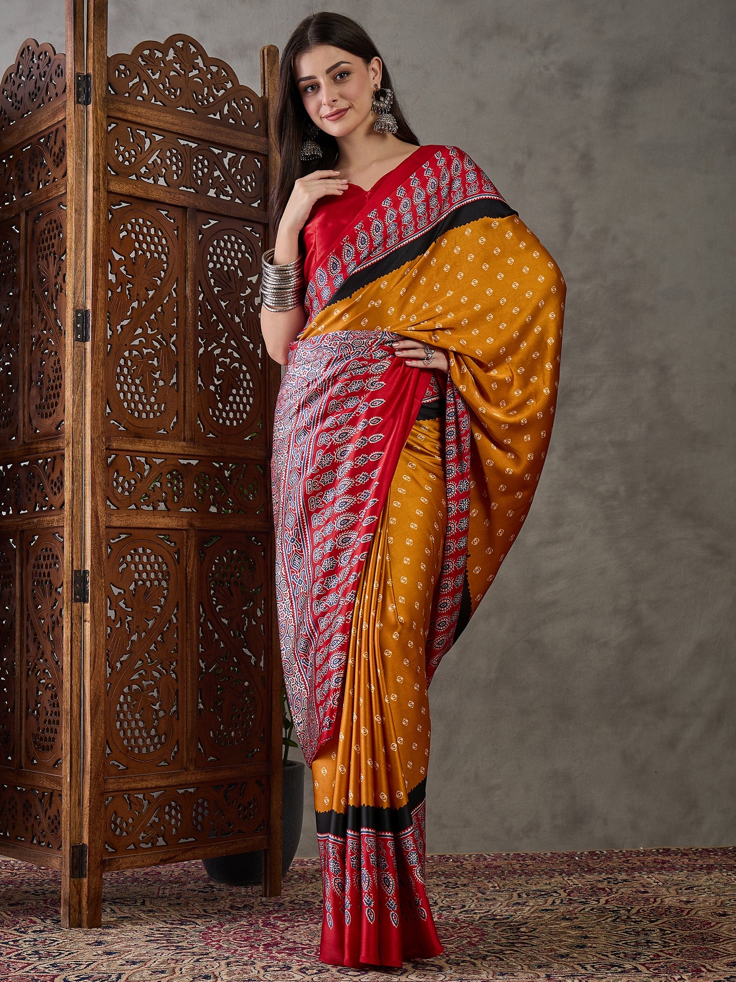 Modal Ajrakh Print (Yellow) Ready To Wear Pocket Saree