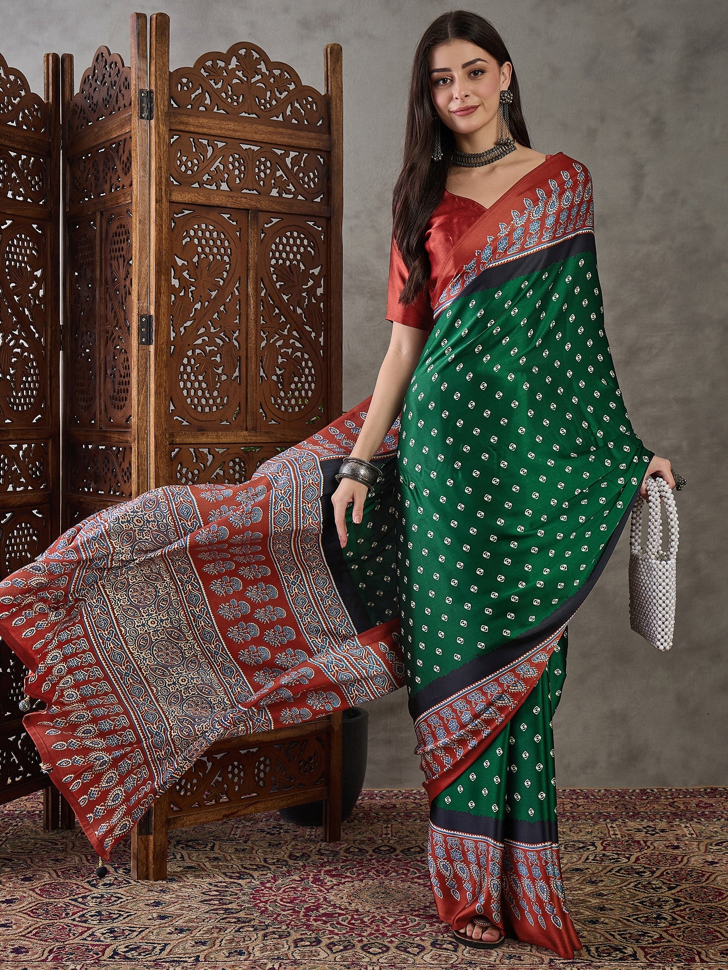 Modal Ajrakh Print (Green) Ready To Wear Pocket Saree