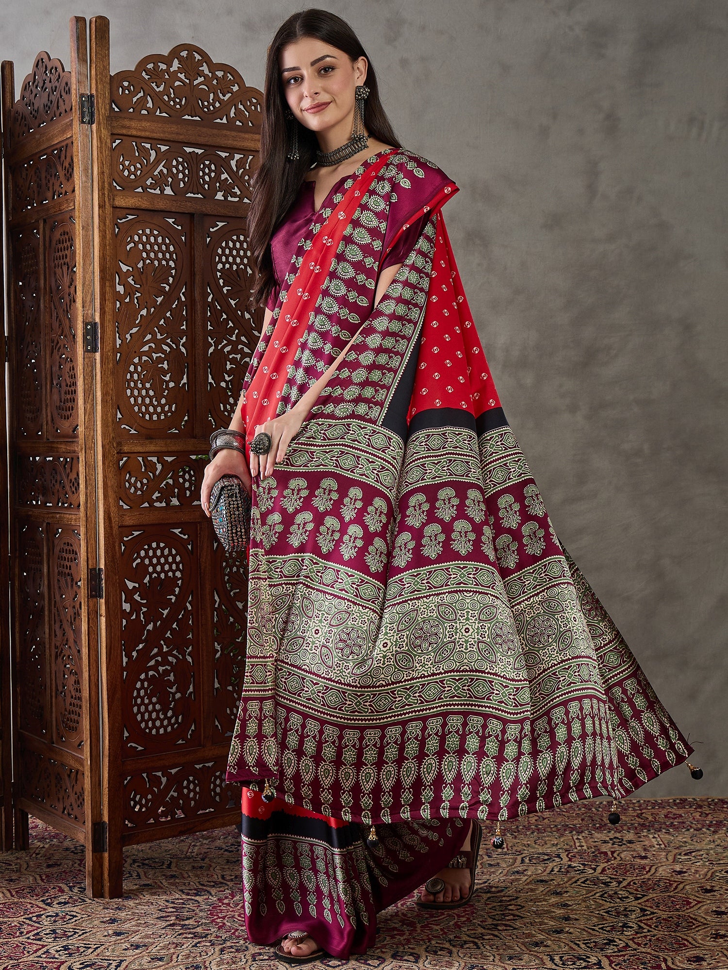 Modal Ajrakh Print (Red) Ready To Wear Pocket Saree