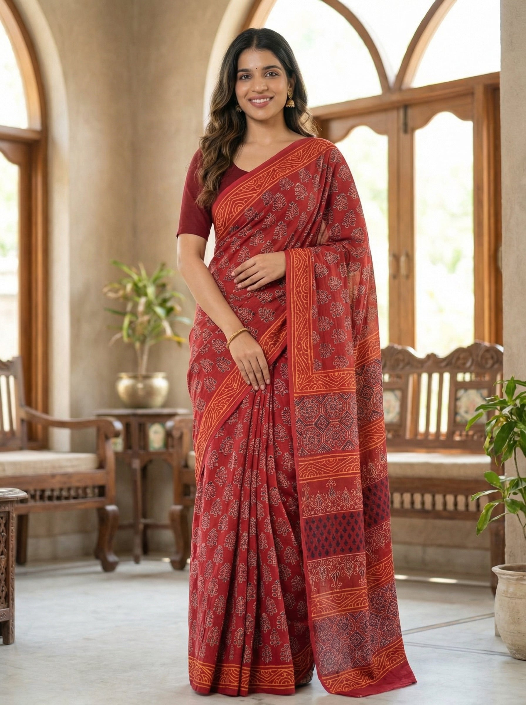 Rhubarb Red Hand Block Print Ready-to-Wear Pocket Saree