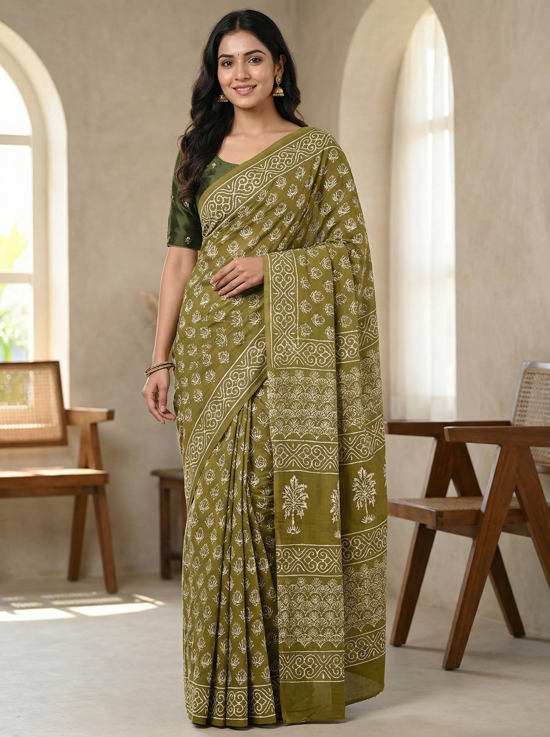 Mehandi Mood Mul Cotton Ready-To-Wear Pocket Saree