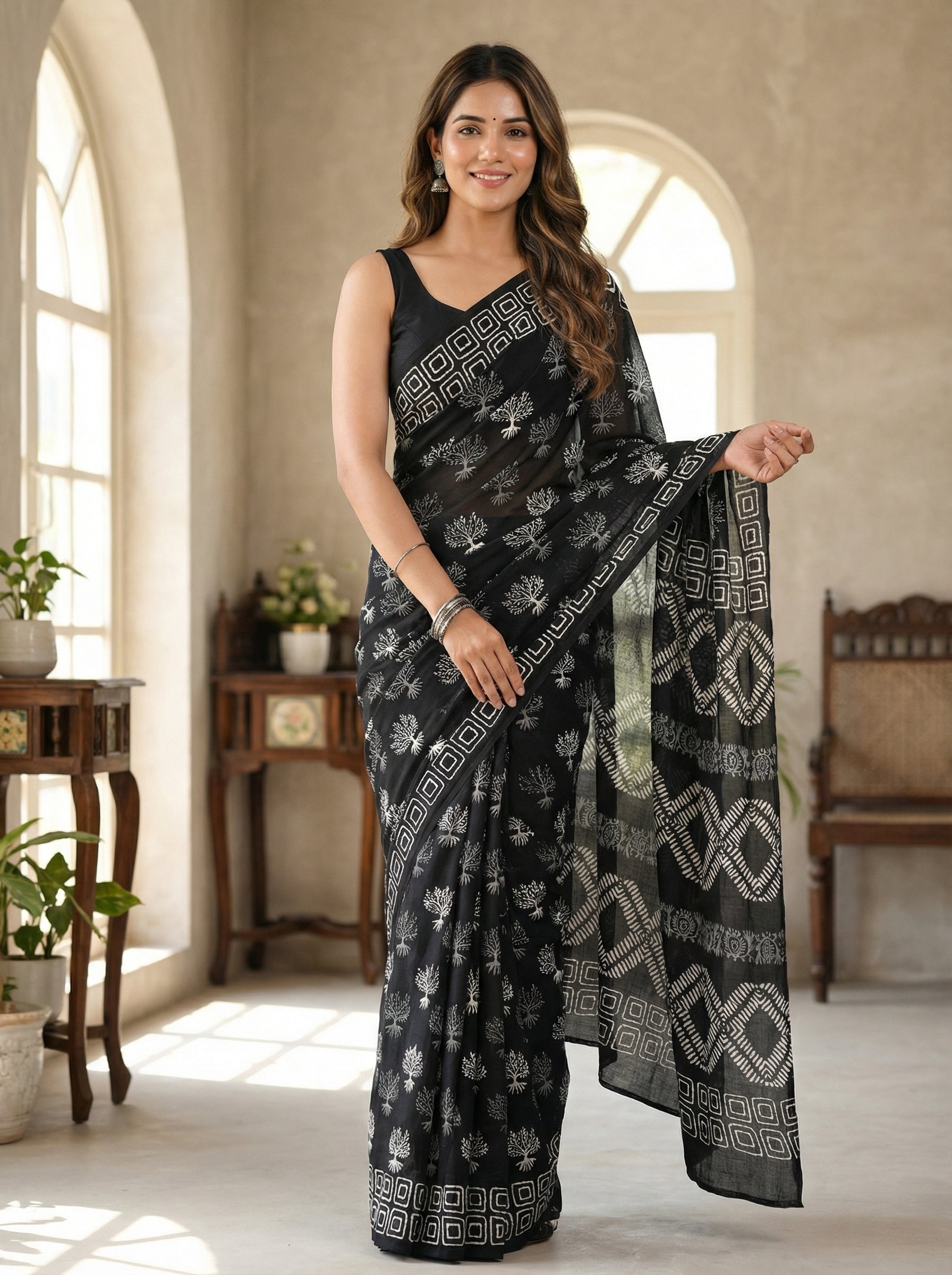 Deep Roots Mul Cotton Ready-To-Wear Pocket Saree