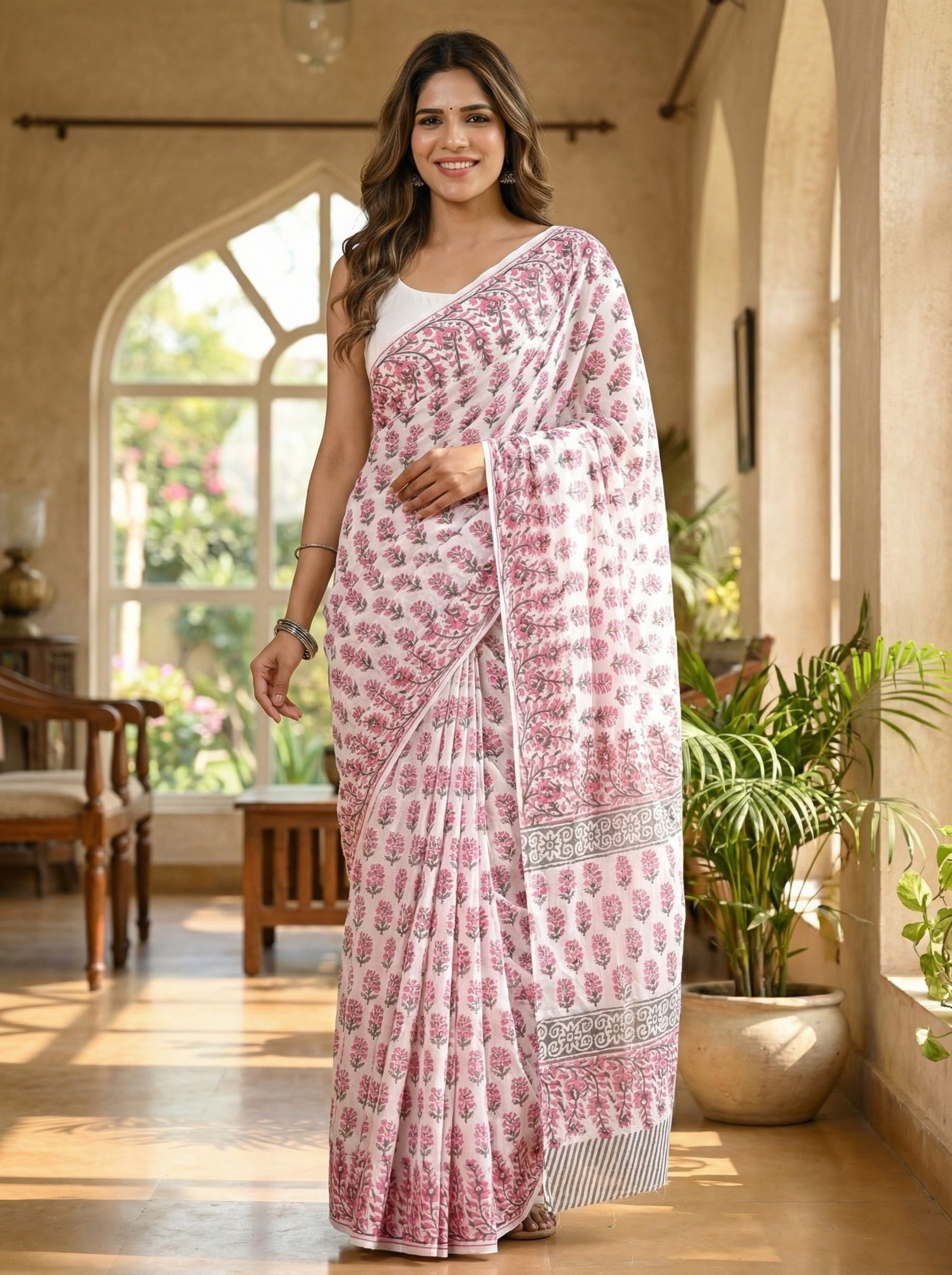 Spring Blossom Mul Cotton Ready-To-Wear Pocket Saree