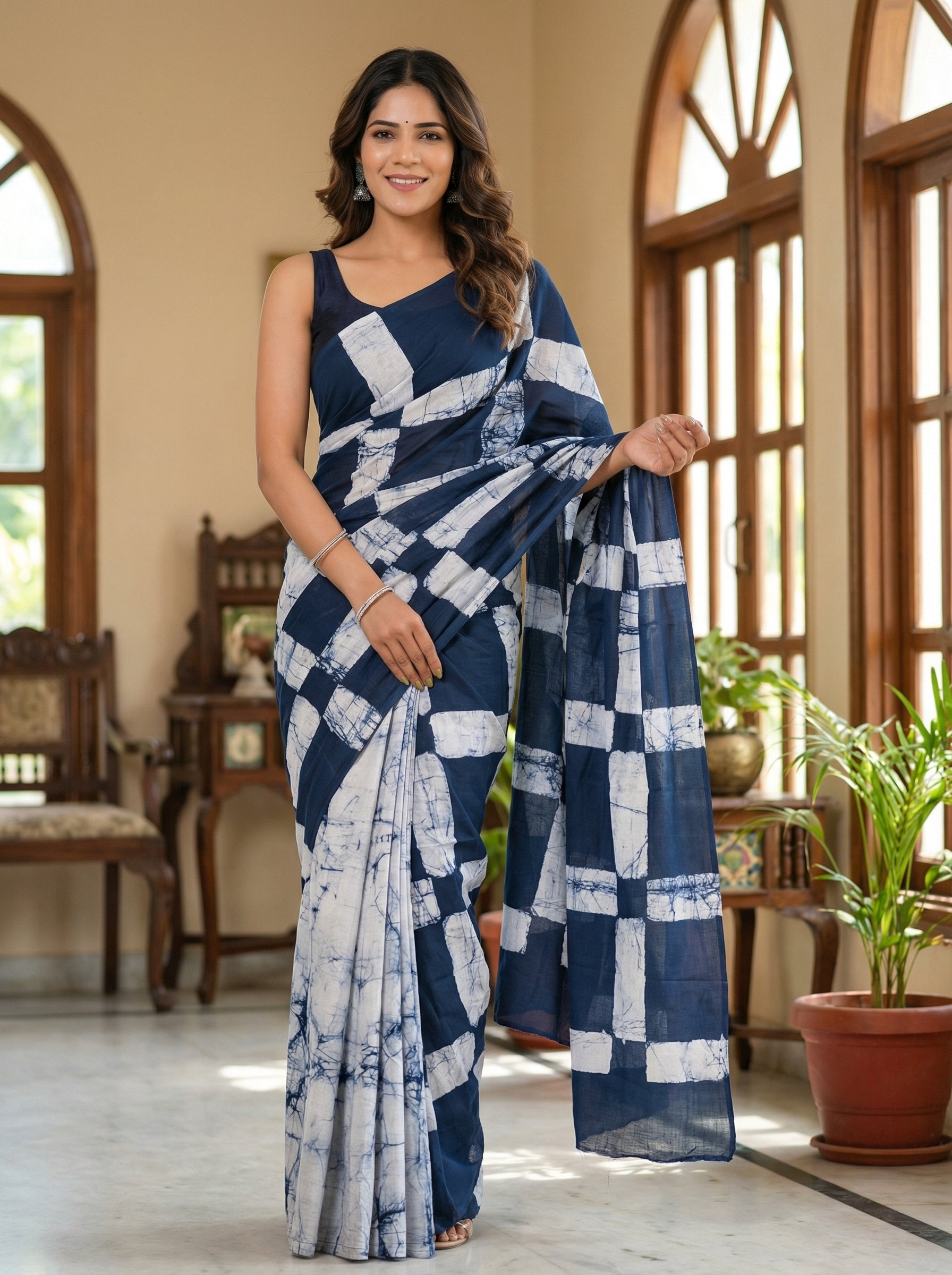Navy Grid Mul Cotton Ready To Wear Pocket Saree