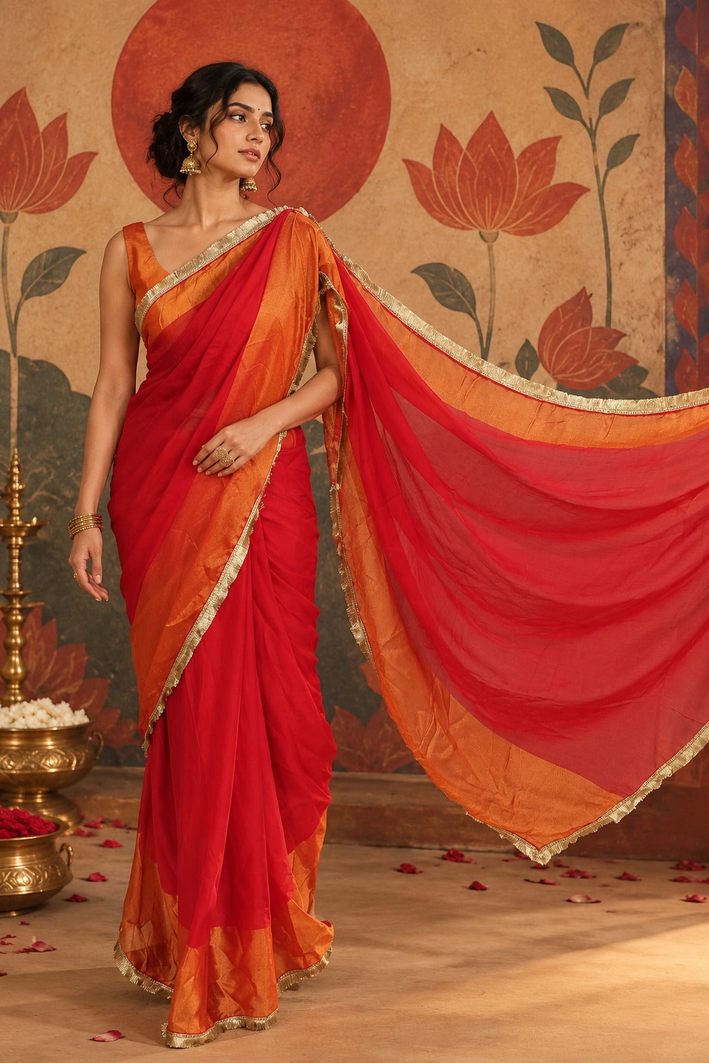 Full-length portrait of a model in a bold red and orange chiffon ready-to-wear pocket saree, showcasing pre-stitched pleats, two-tone color-blocked panels, and a metallic lace border.