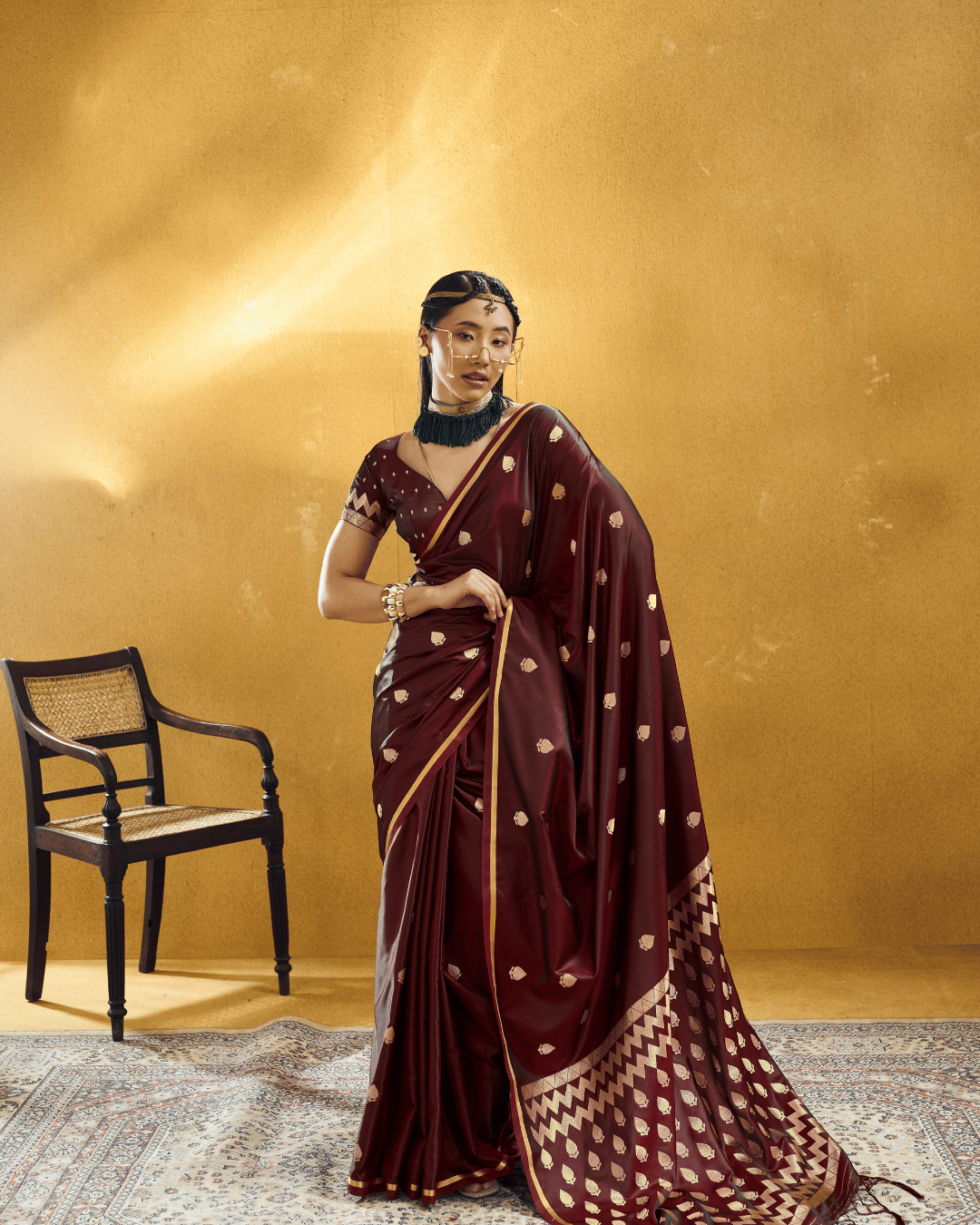 Chevron Powerloom Satin Ready-to-Wear Pocket Saree | Wine