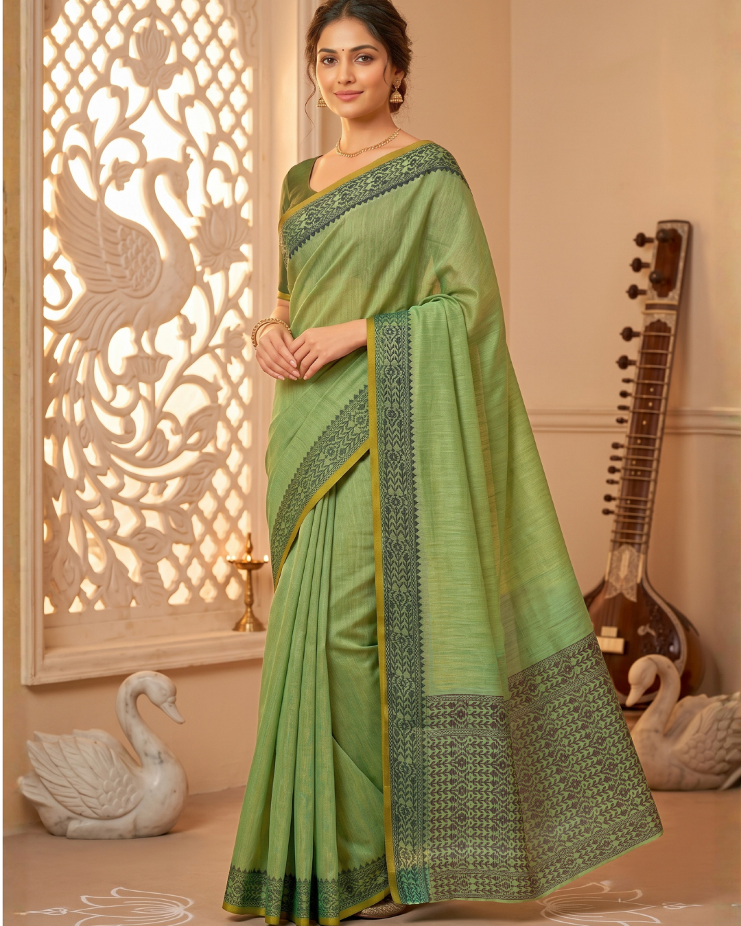 Full-length shot of a model wearing the sage green Meher ready-to-wear pocket saree.