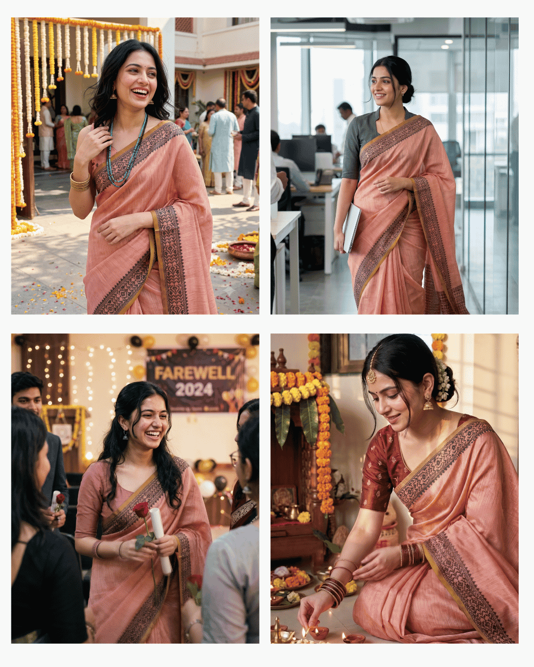 Four-panel lifestyle collage illustrating the peach Meher tissue linen pre-draped pocket saree worn across diverse occasions including festive lunches, office ethnic days, farewell events, and home pujas.