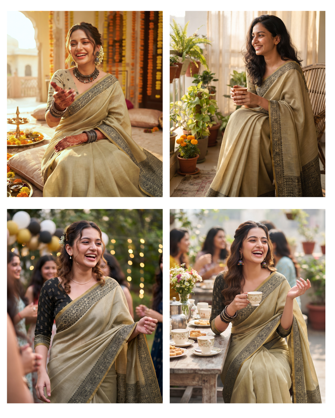 Four-panel lifestyle collage illustrating the muted pastel green pre-draped pocket saree worn across different occasions, including home pujas, outdoor festive lunches, celebrations, and evening gatherings.