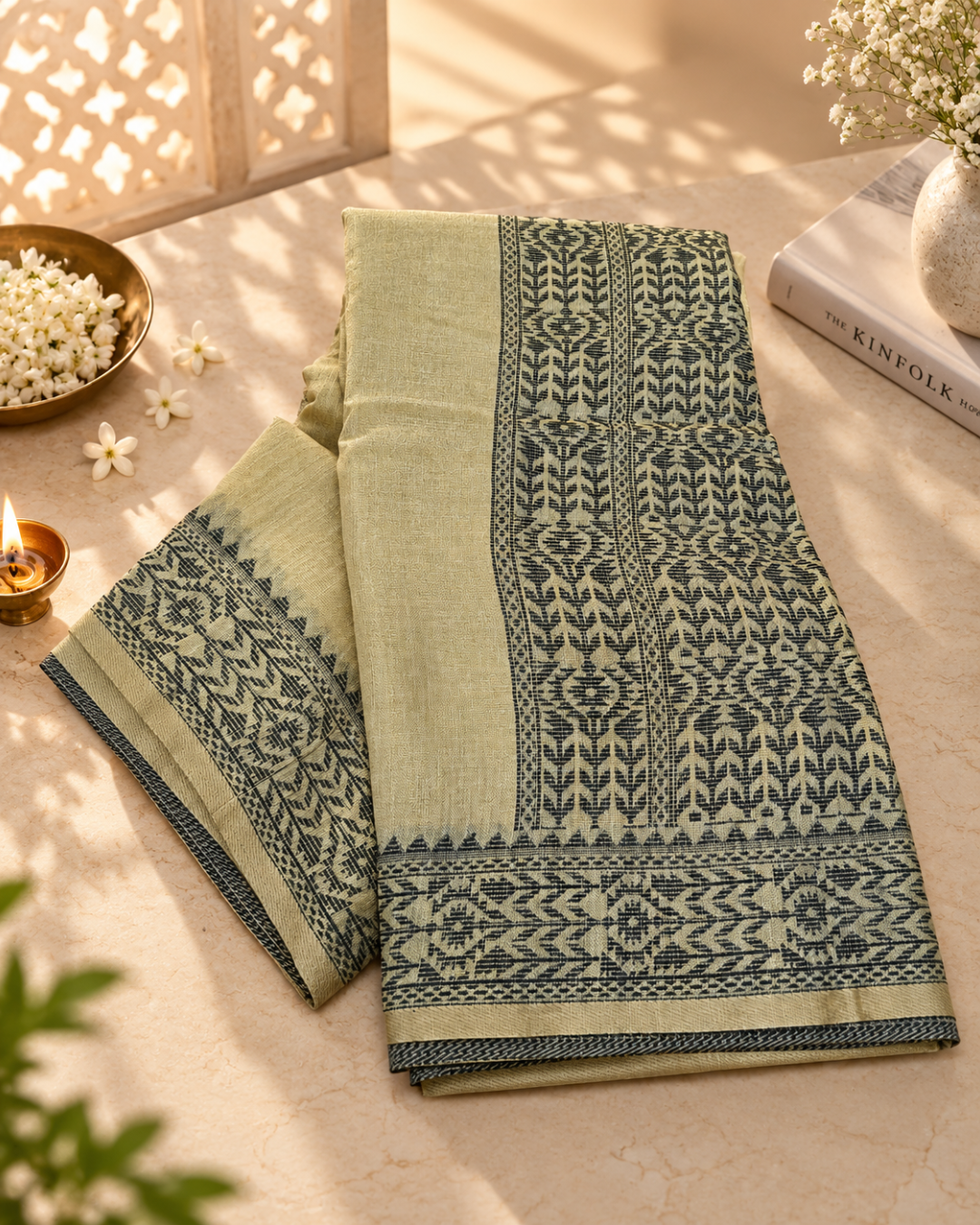 Top-down flat lay view of the folded muted pastel green Meher Tissue Linen pre-draped pocket saree, showcasing its broad black patterned pallu panel and detailed geometric borders.