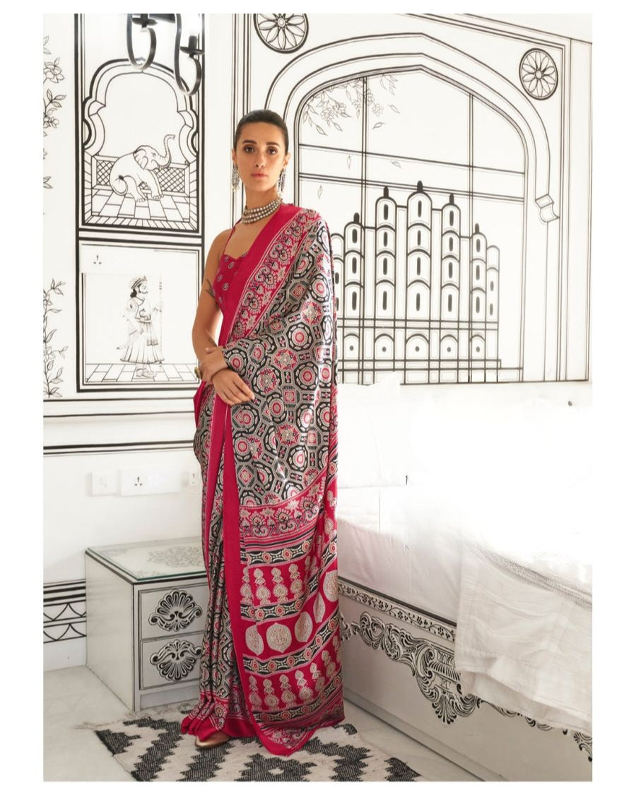 Ajrakh Lustre Ready To Wear Pocket Saree