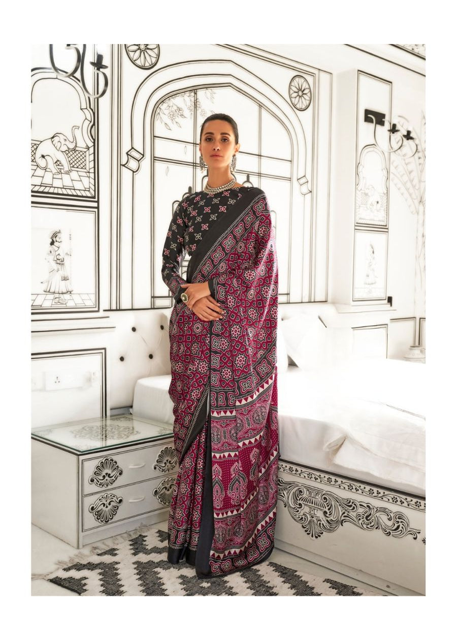 SatinAjrakh Sheen Ready To Wear Pocket Saree