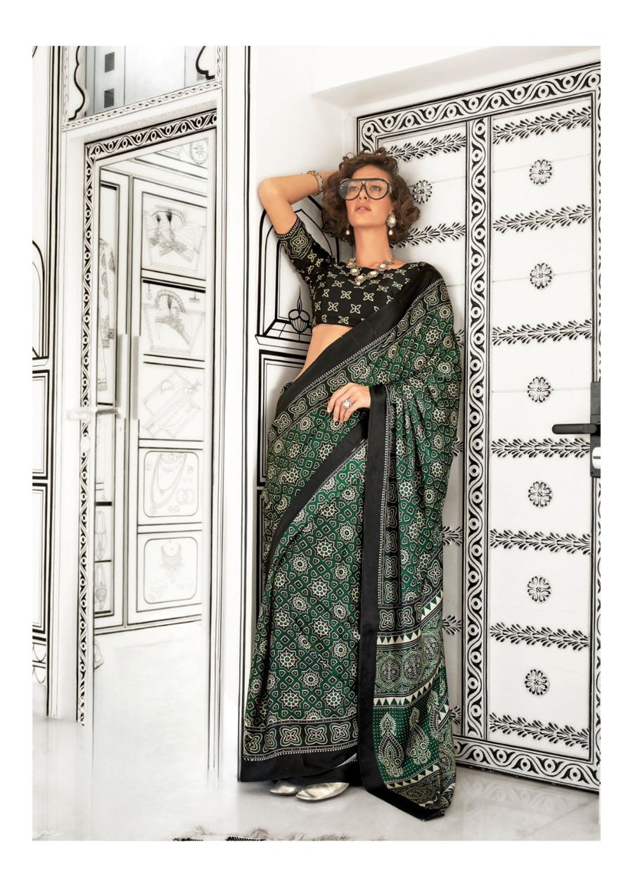 Green & Black Satin Ajrakh Ready To Wear Pocket Saree