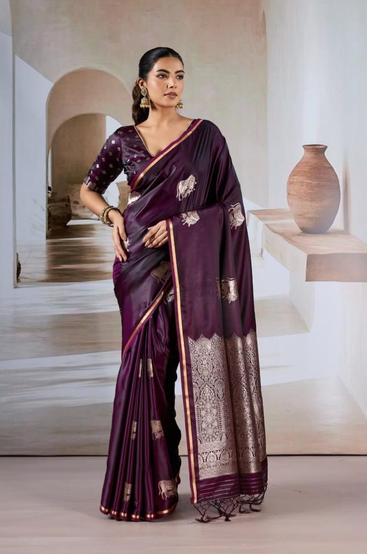 Sangria Glow Satin Silk Ready To Wear Pocket Saree