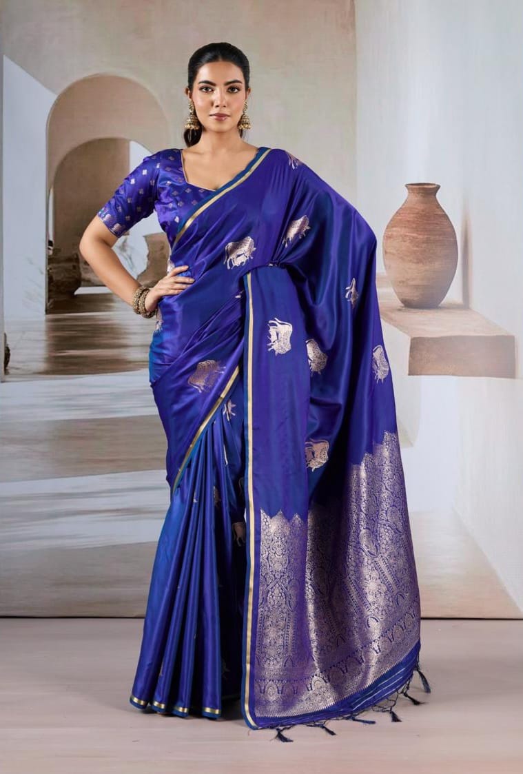 Blue Lagoon Satin Silk Ready To Wear Pocket Saree