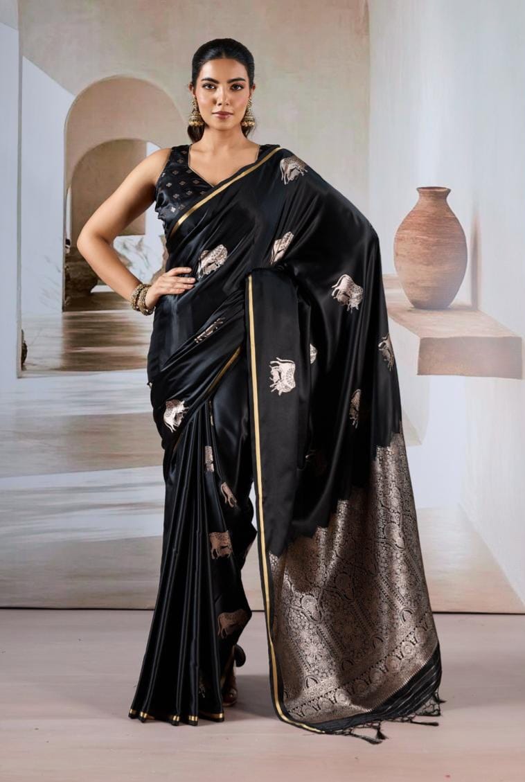 Charcoal Champagne Satin Silk Ready To Wear Pocket Saree