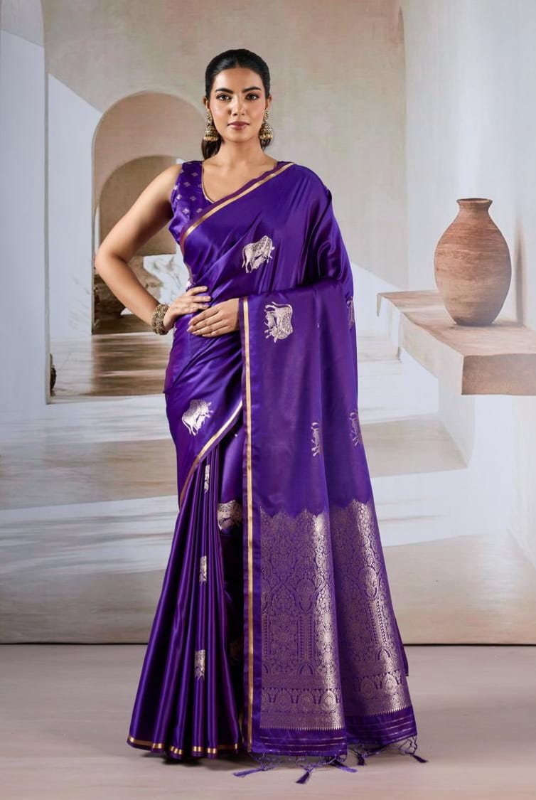 Lavender Twist Satin Silk Ready To Wear Pocket Saree