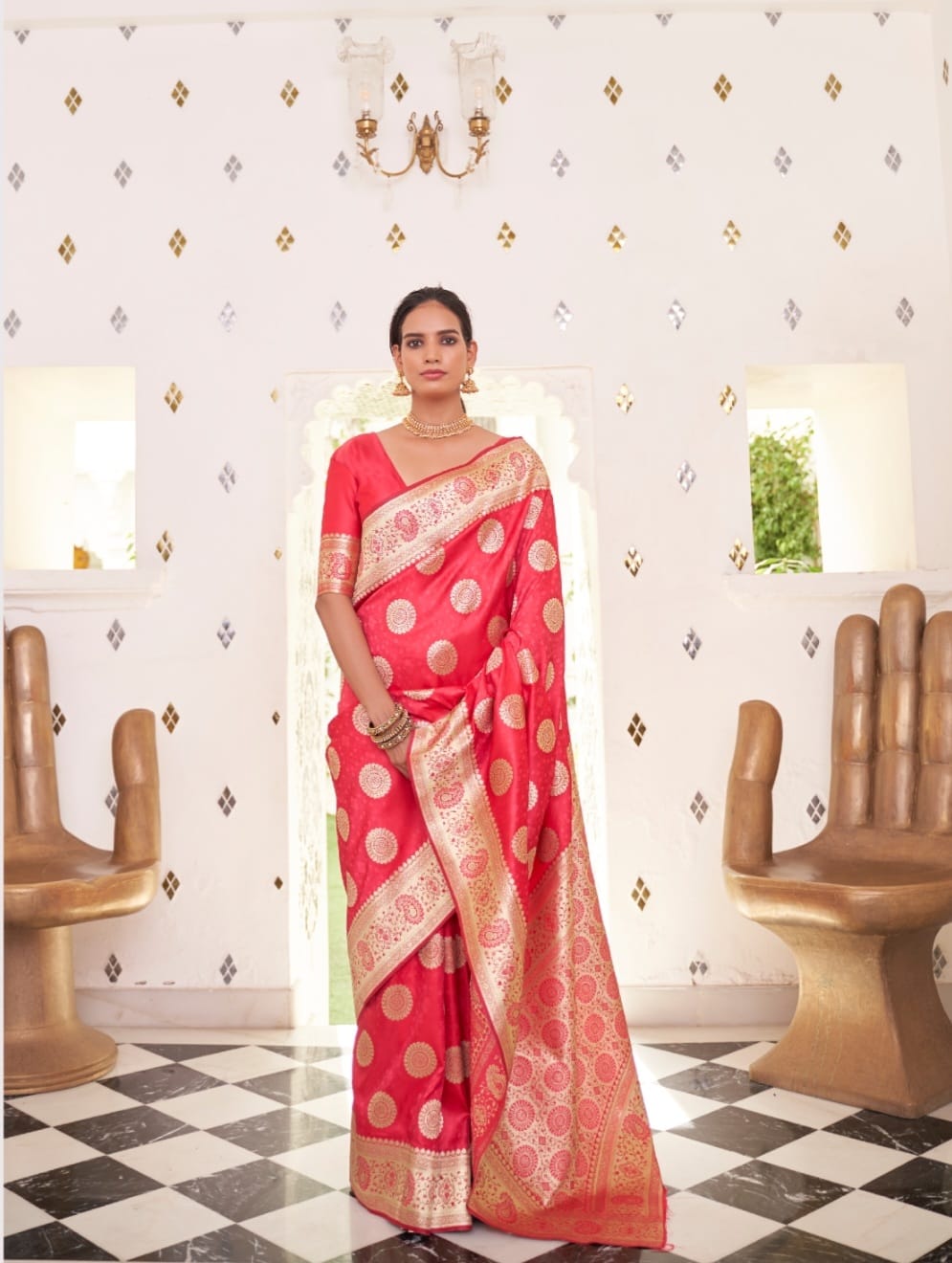 Red Sutra Satin Silk Ready To Wear Pocket Saree