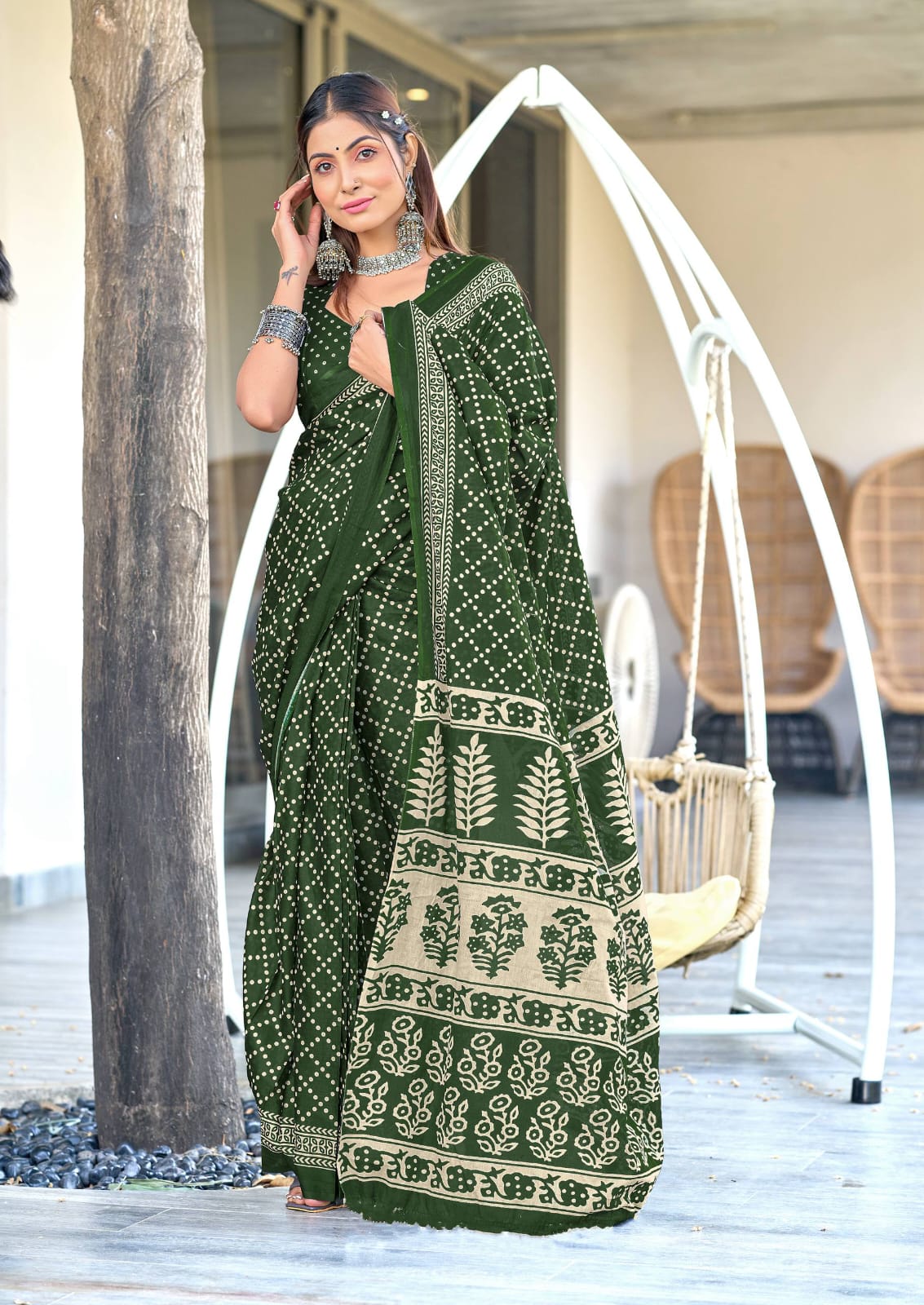 Ajrakh Bandhani Cotton Printed (Green) Ready To Wear Pocket Saree