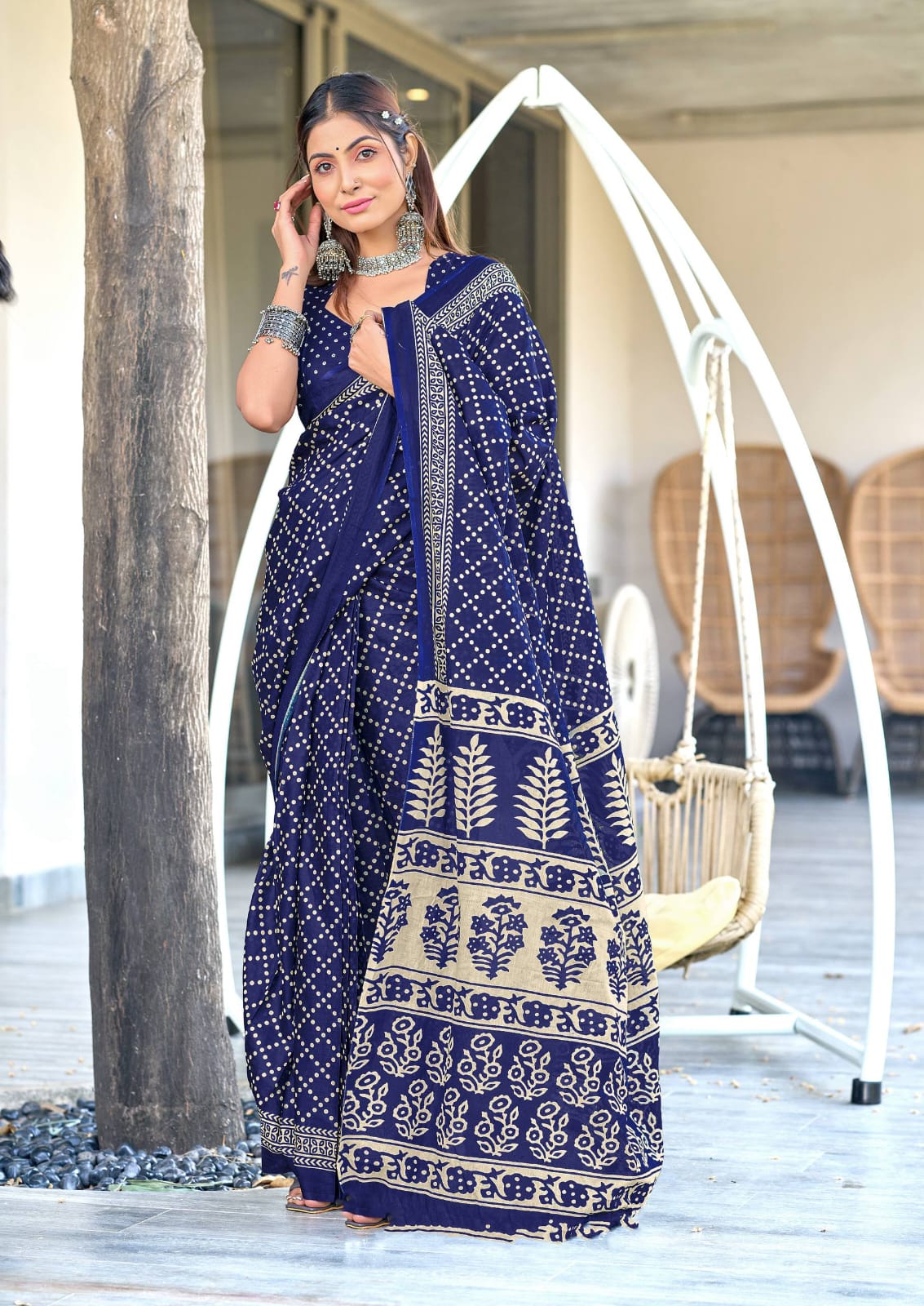 Ajrakh Bandhani Cotton Printed (Blue) Ready To Wear Pocket Saree