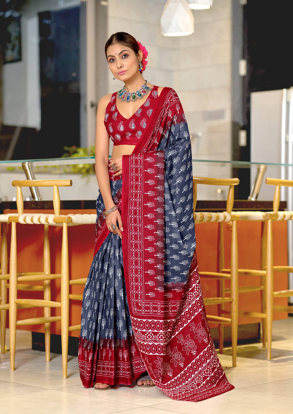 Forest Flame Cotton Printed (C) Ready To Wear Pocket Saree