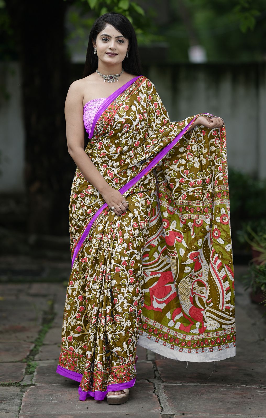 Mulmul Cotton Ajrakh (Mehandi Green) Printed Ready To Wear Pocket Saree