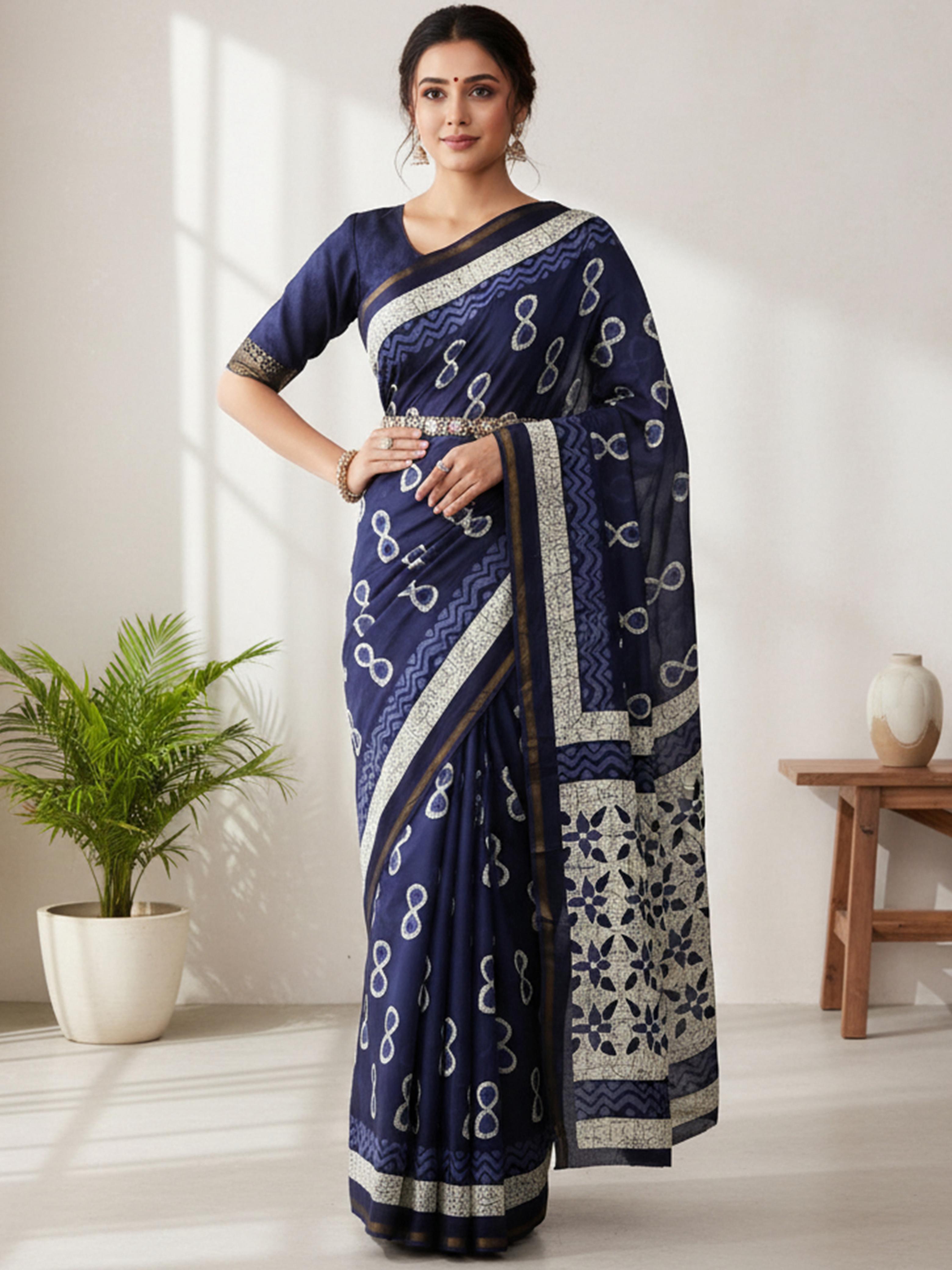 Indigo Blue Modal Mul Cotton Ready To Wear Pocket Saree