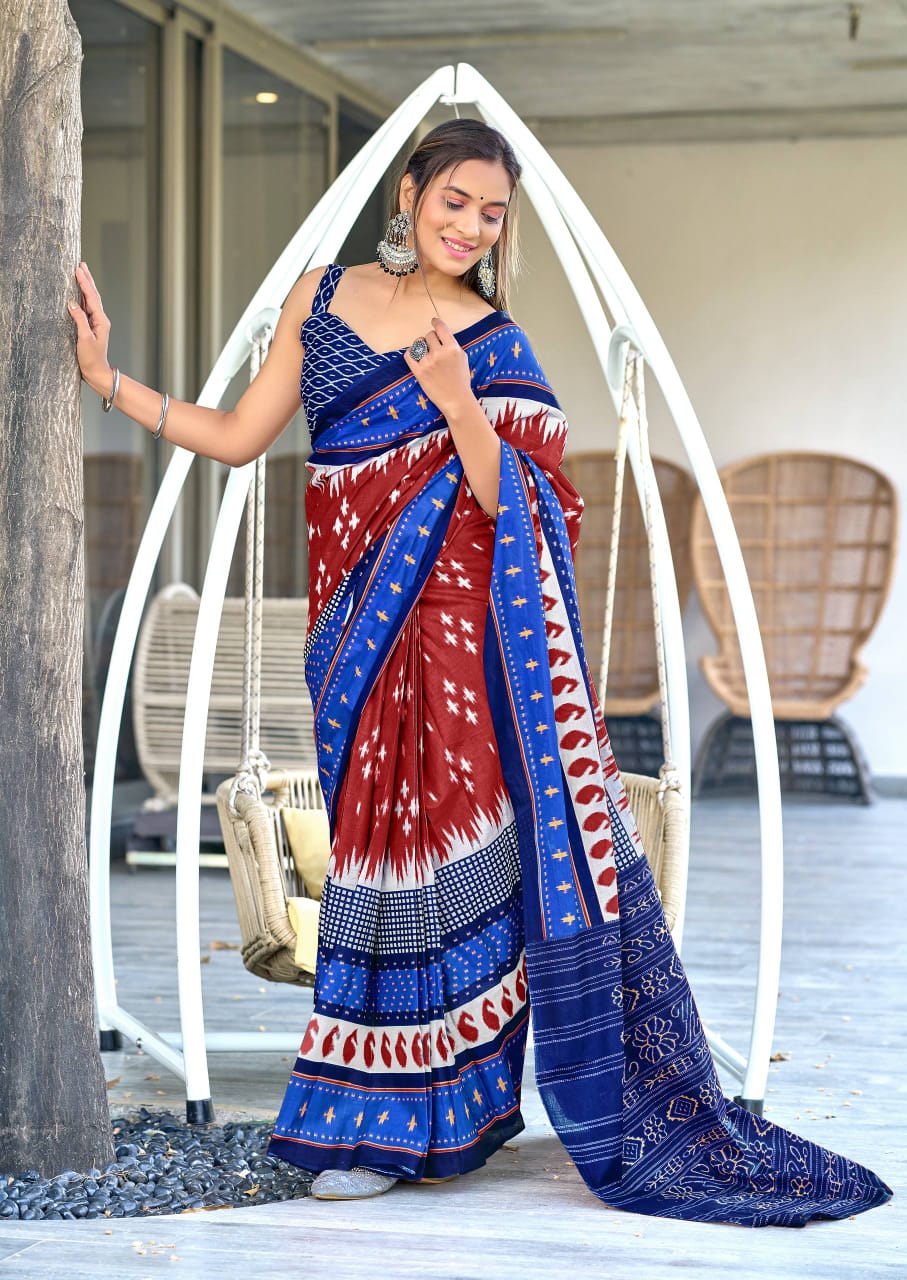 Mulmul Cotton Ikat Printed (D) Ready To Wear Pocket Saree