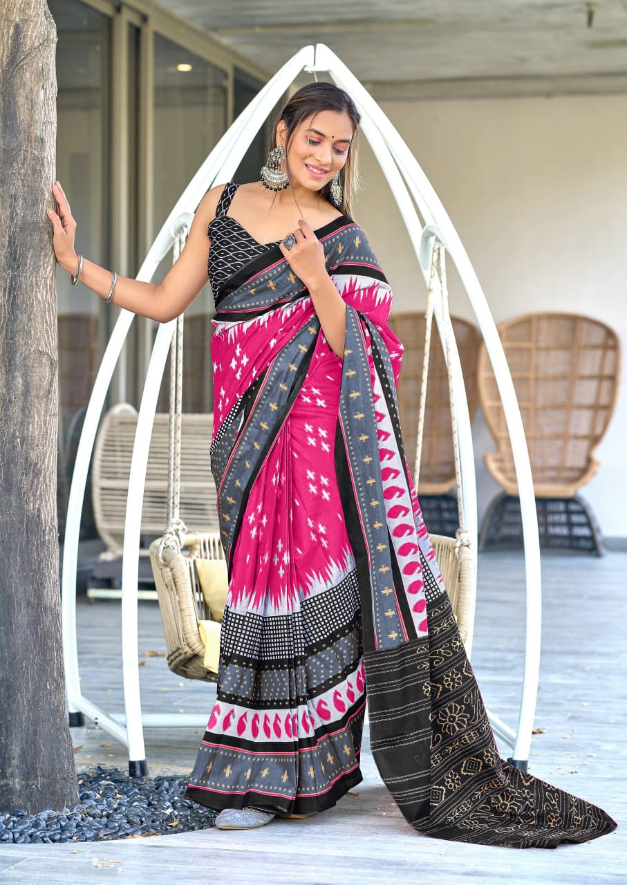 Mulmul Cotton Ikat Print (C) Ready To Wear Pocket Saree