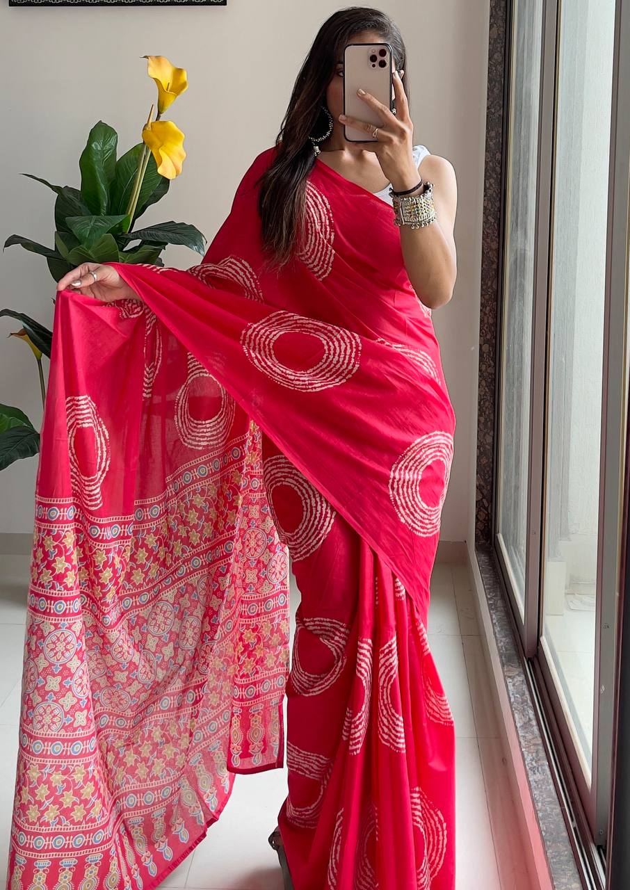 Ajrakh Bandhej Mulmul Cotton (C) Ready To Wear Pocket Saree