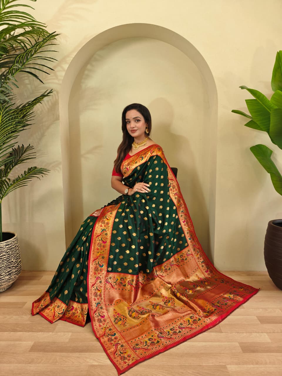 Vihangini Powerloom Paithani Silk (Green) Ready To Wear Pocket Saree