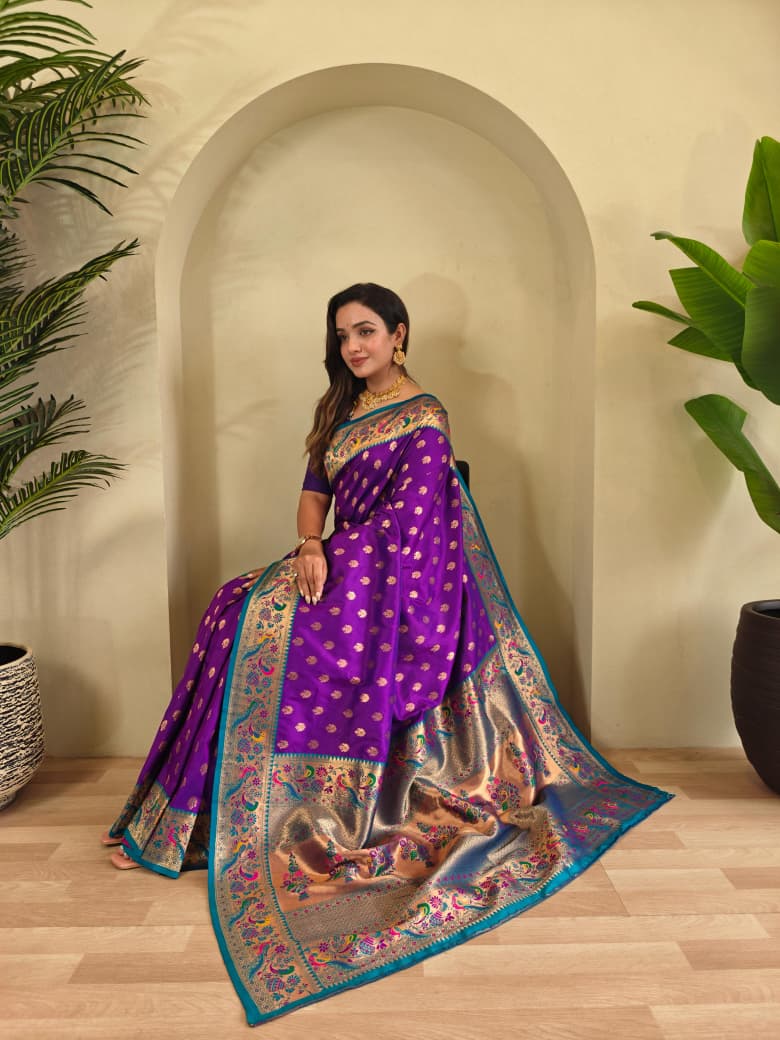 Vihangini Powerloom Paithani Silk (Purple) Ready To Wear Pocket Saree
