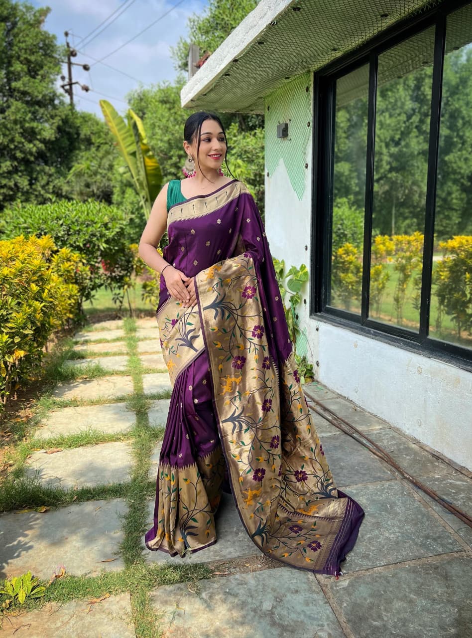 Shubh Shringar (Purple) Powerloom Paithani Silk Ready To Wear Pocket Saree