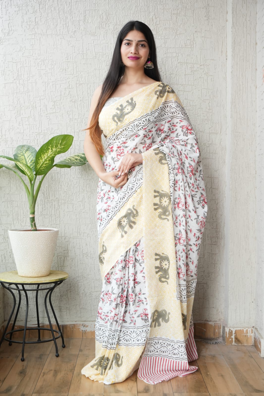Olive Elephant Mul Cotton Ready To Wear Pocket Saree