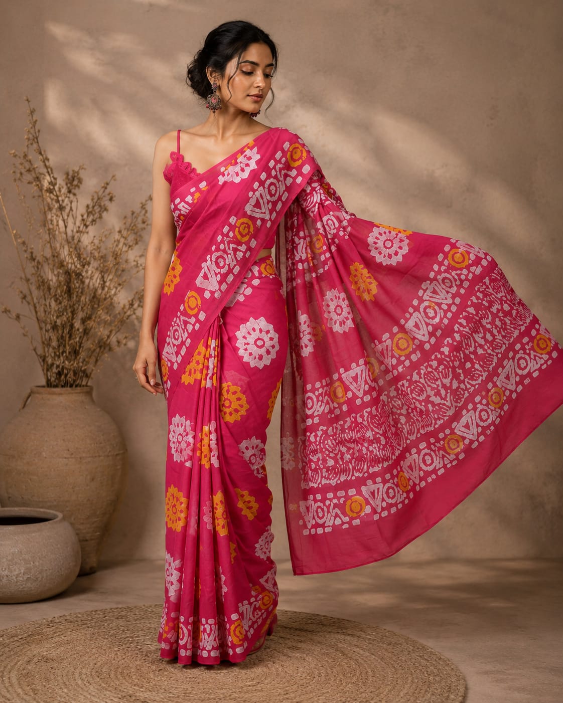 Pink Flora Mul Cotton Ready To Wear Pocket Saree