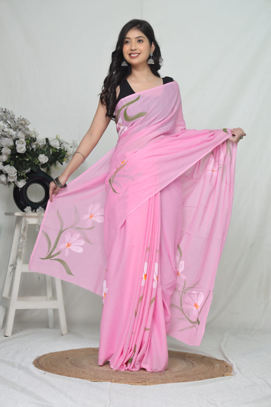 Cotton Candy Mul Cotton Hand Block Printed Ready To Wear Pocket Saree