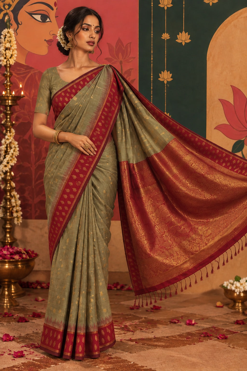 Front shot of the olive green ready to wear pocket saree featuring a red border and paisley-inspired pallu with tassels.