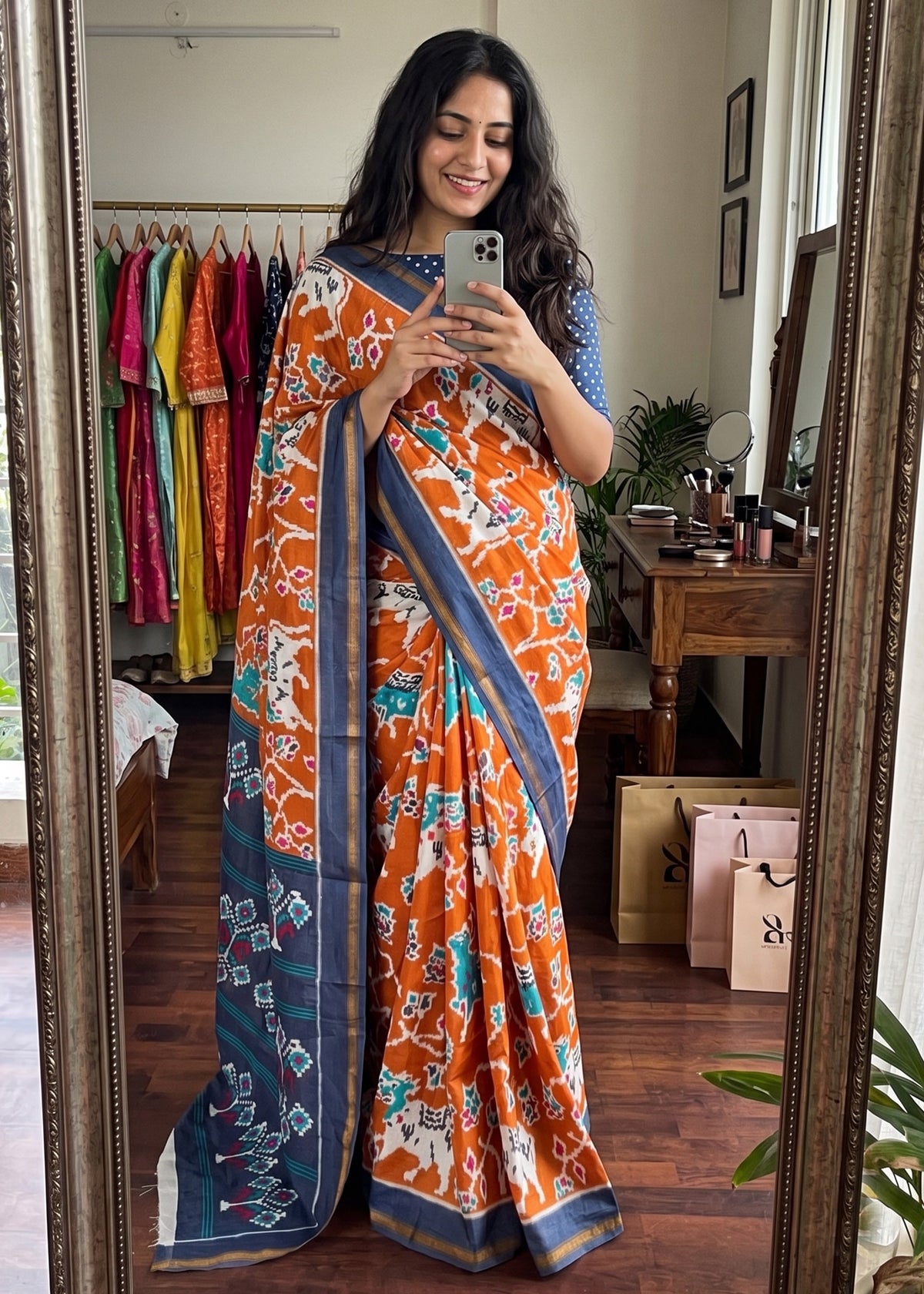 Saanjh Pichwai Cotton Ready To Wear Pocket Saree | Orange
