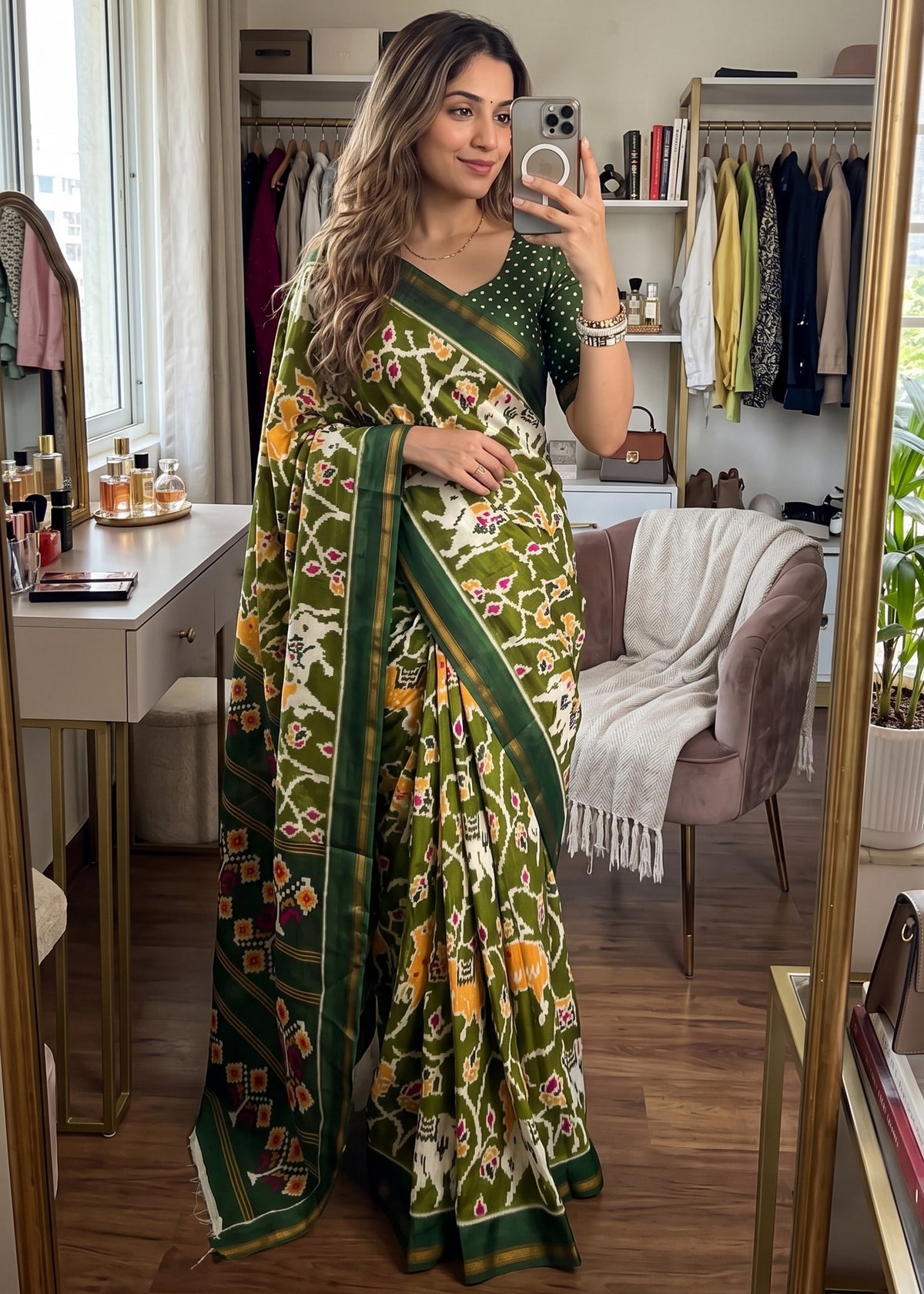 Saanjh Pichwai Cotton Ready To Wear Pocket Saree | Green