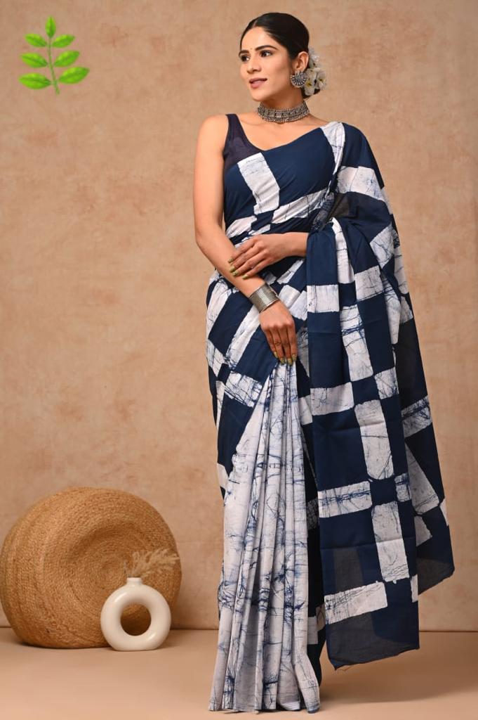 Navy Grid Mul Cotton Ready To Wear Pocket Saree