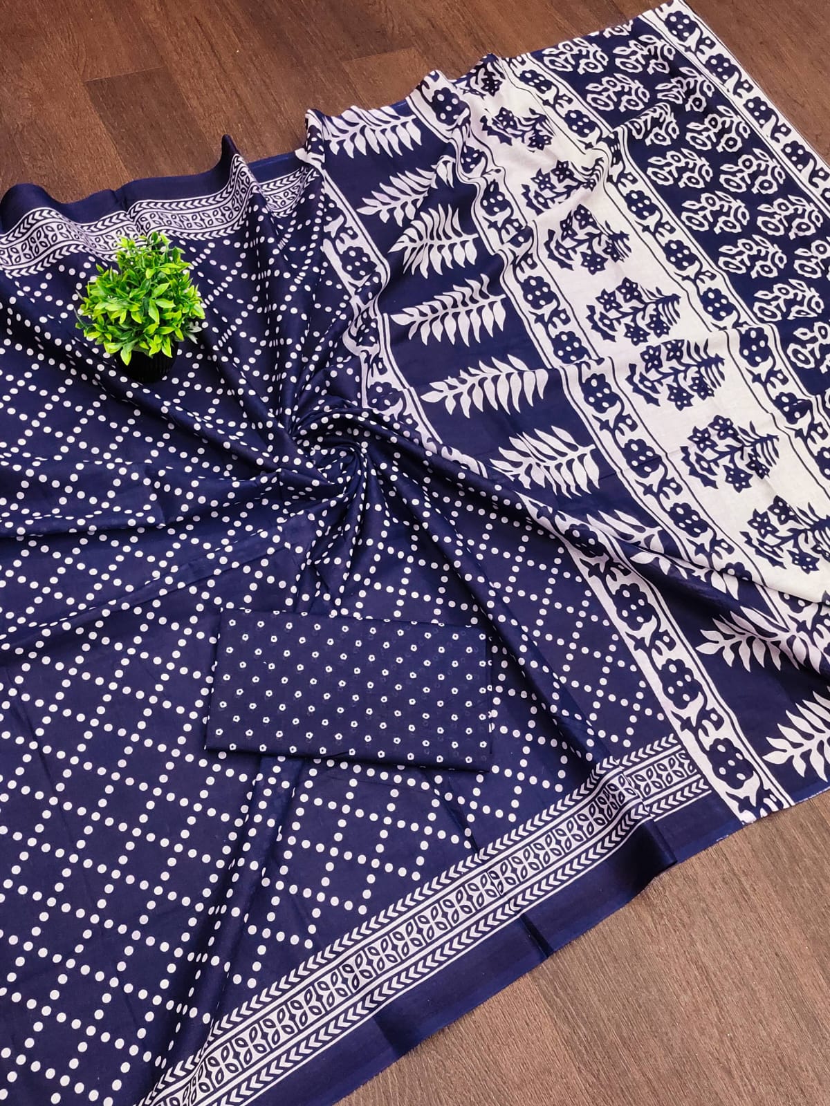 Ajrakh Bandhani Cotton Printed (Blue) Ready To Wear Pocket Saree