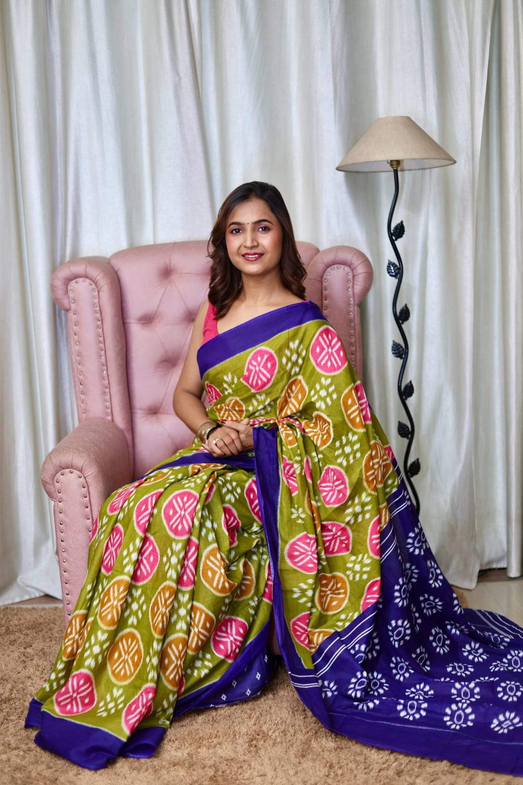 Mulmul Cotton Ikat Printed (D) Ready To Wear Pocket Saree