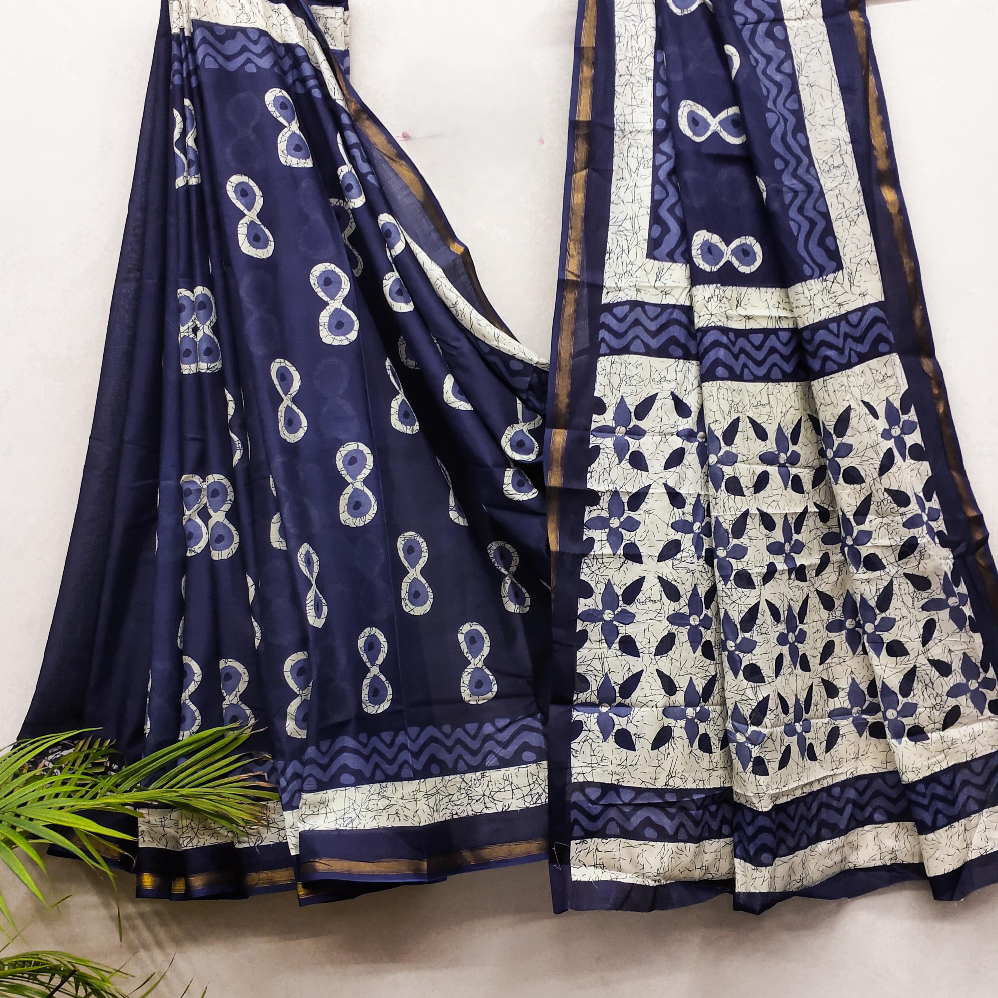 Indigo Blue Modal Mul Cotton Ready To Wear Pocket Saree